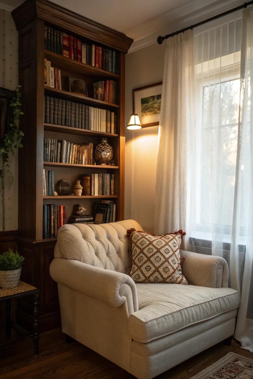 A reading nook using a loveseat is suited to curling up with a book in your living space.