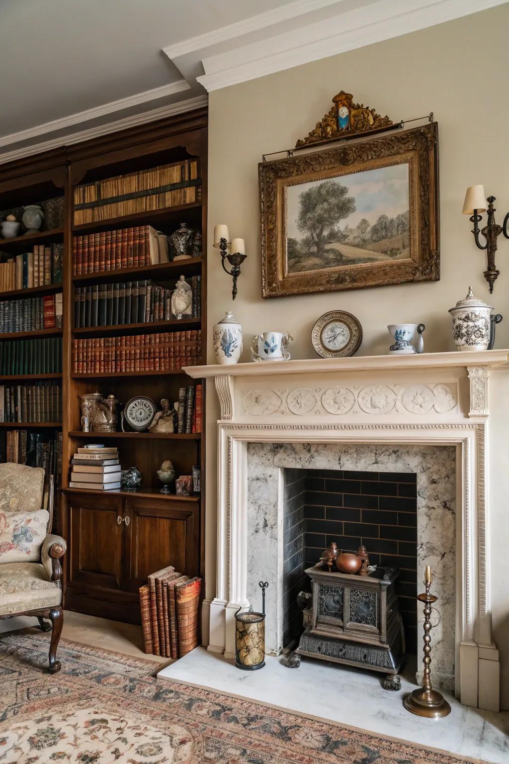 A welcoming living room fireplace enriched with vintage decor and antique finds.