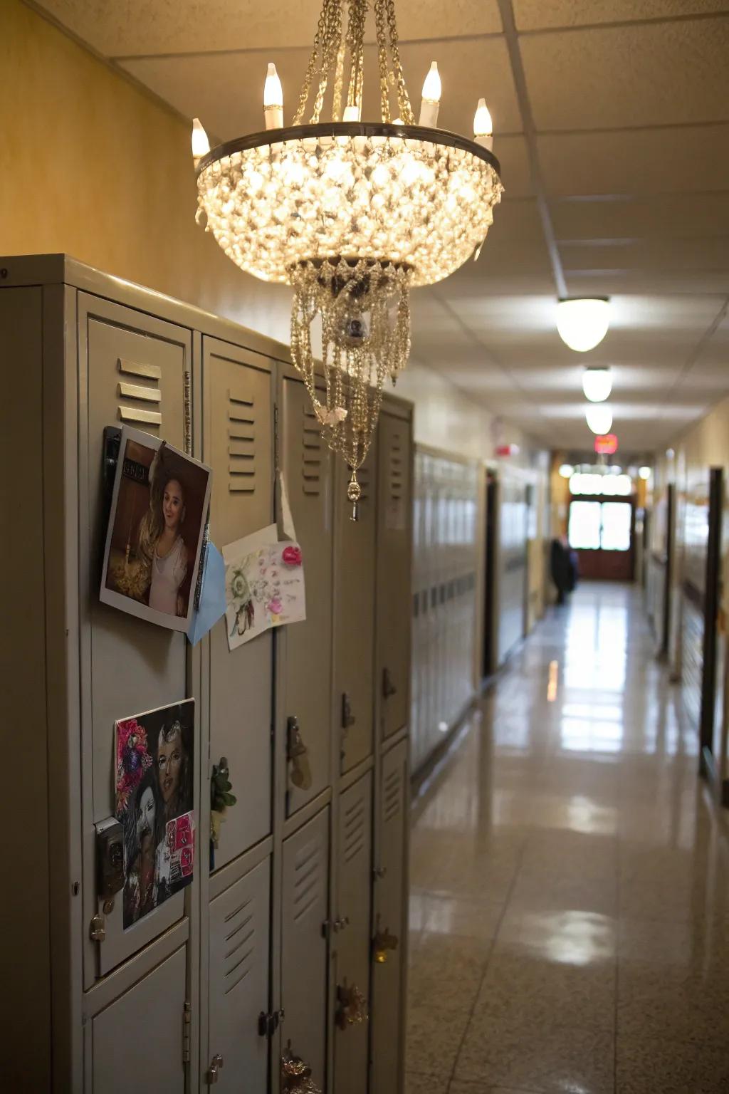 A locker with a small chandelier, adding refinement and lighting.