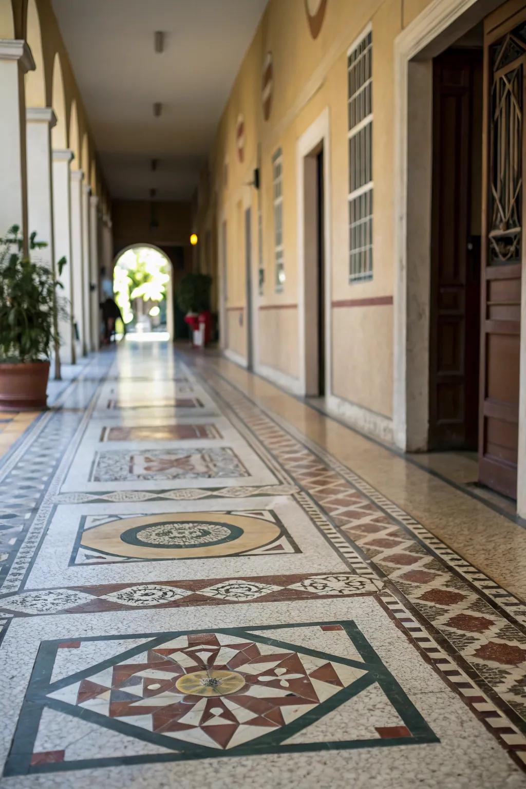 Distinct flooring patterns add intrigue and guide movement in this entryway.