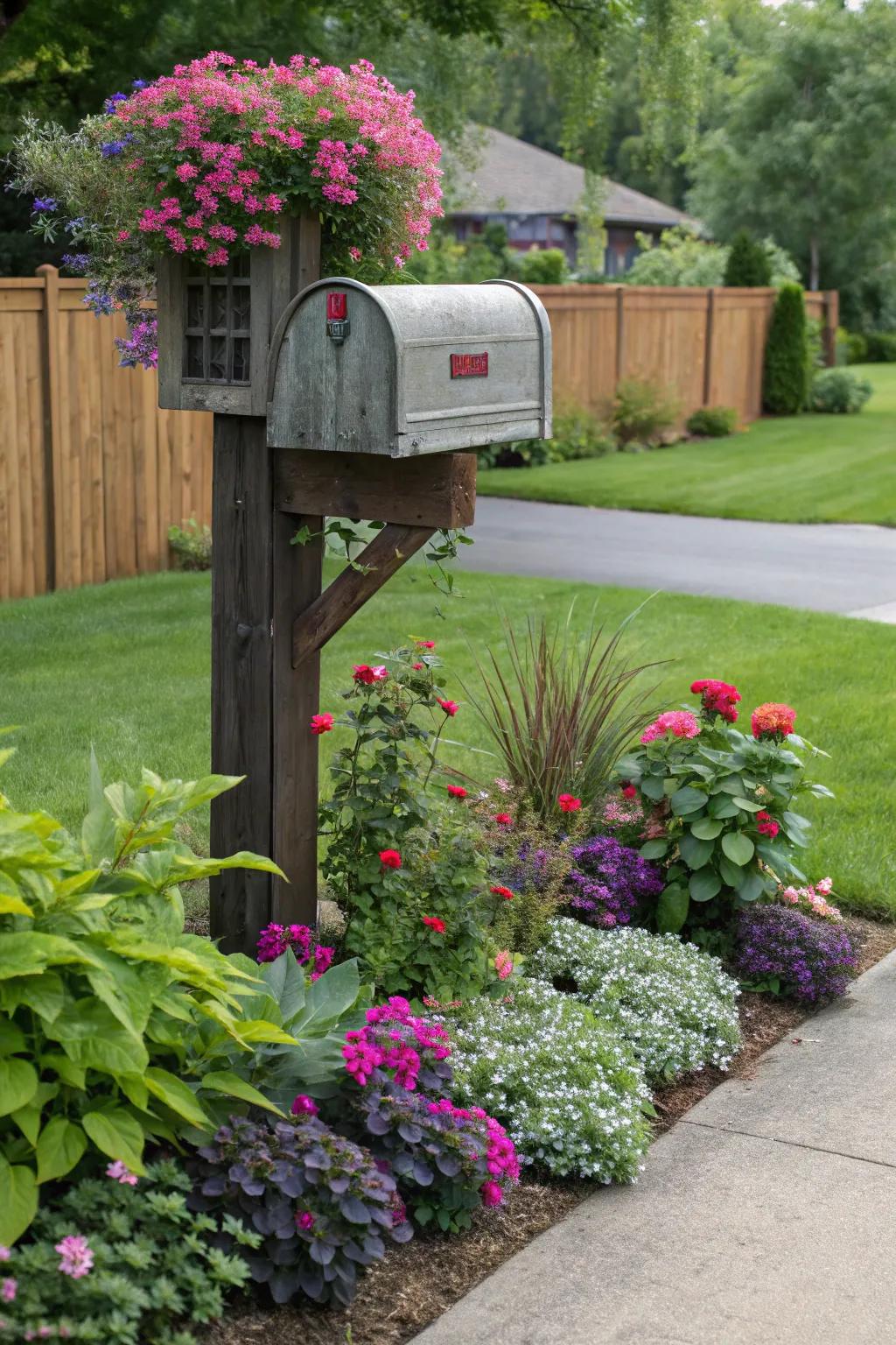 Coordinated colors create a seamless and eye-catching mailbox area.