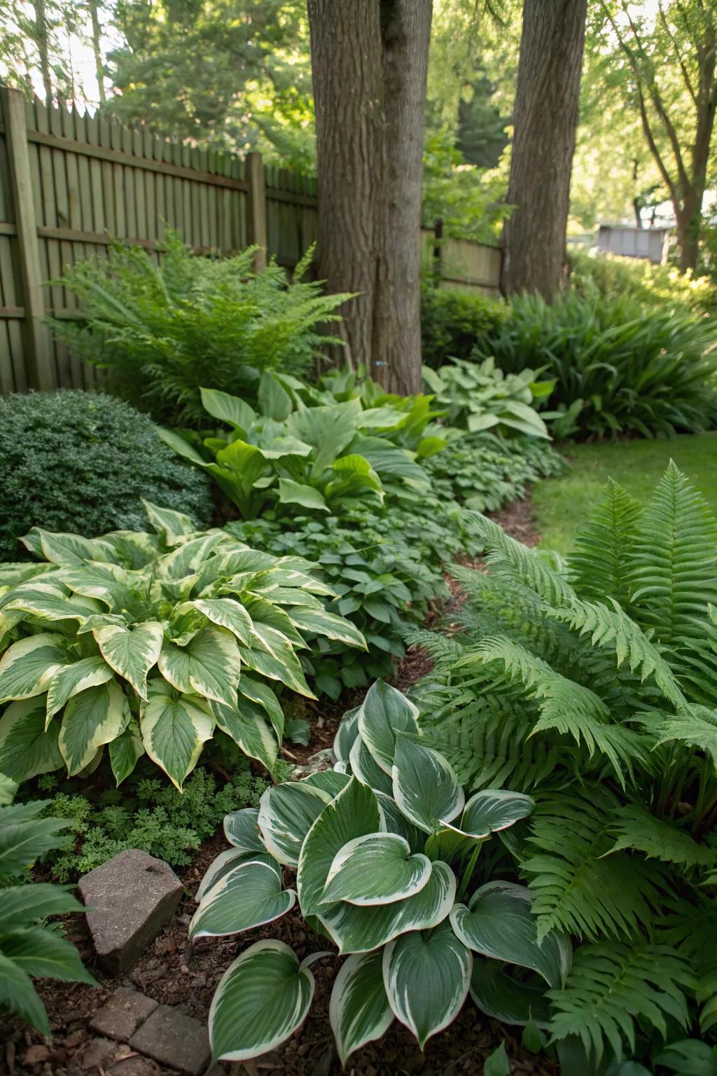 Lush shade garden showcasing plantain lilies and ferns.