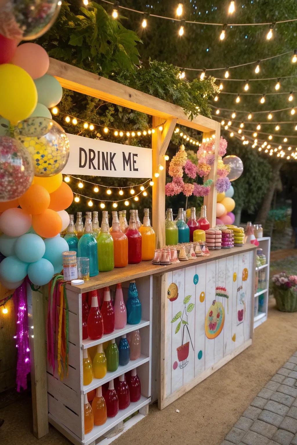 A 'Drink Me' enclave featuring vibrant drinks introduces a playful touch to the celebration.