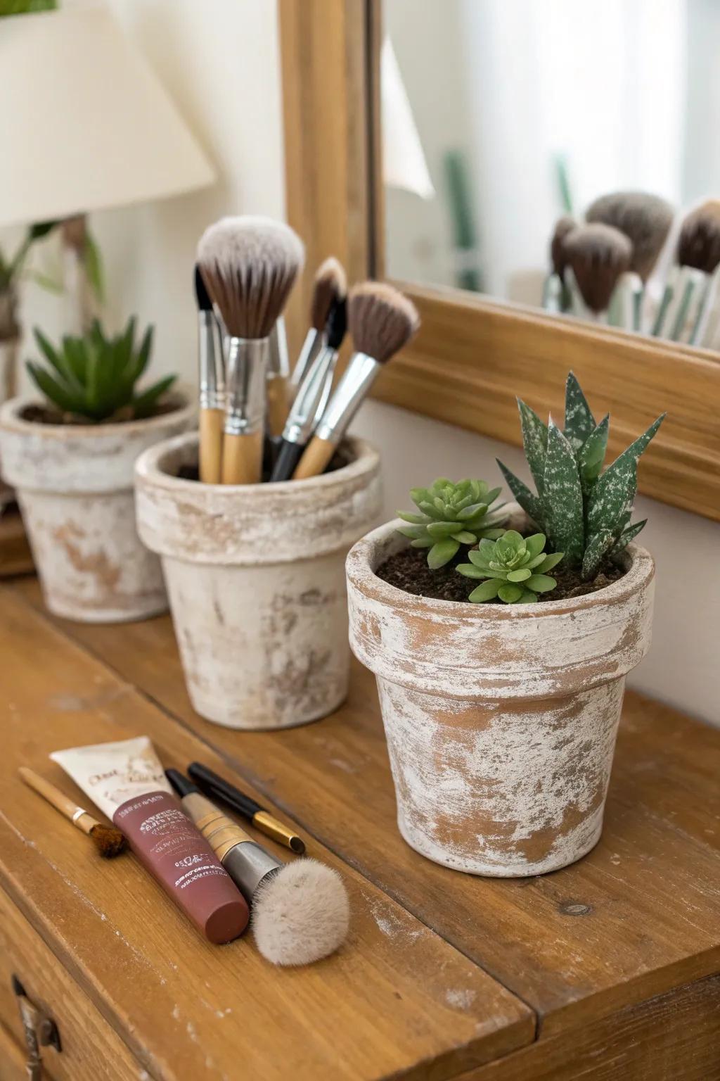 Plant containers lend a country-style charm to makeup brush storage.