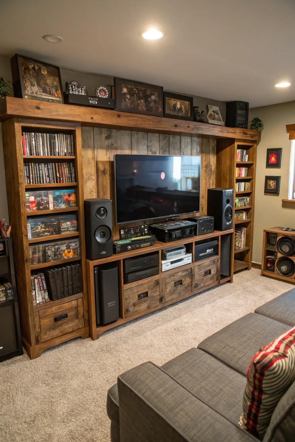 A bespoke media installation serves as the focal element inside this man cave.