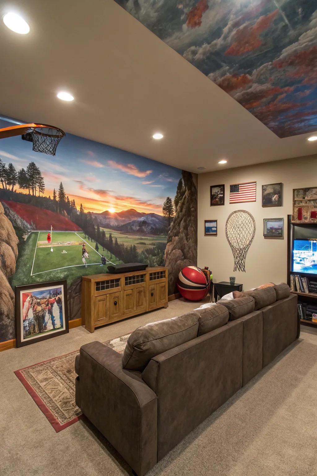 Inventive wall murals rendering a daring declaration within a man cave.