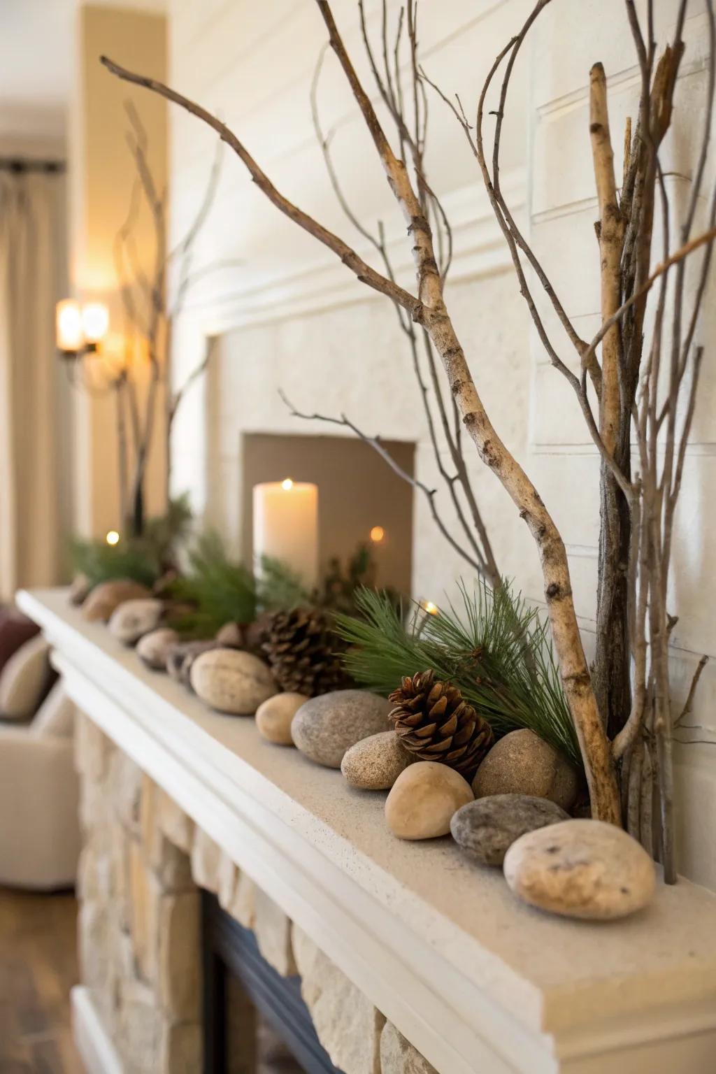 Natural elements add a grounded and organic touch to the mantel.