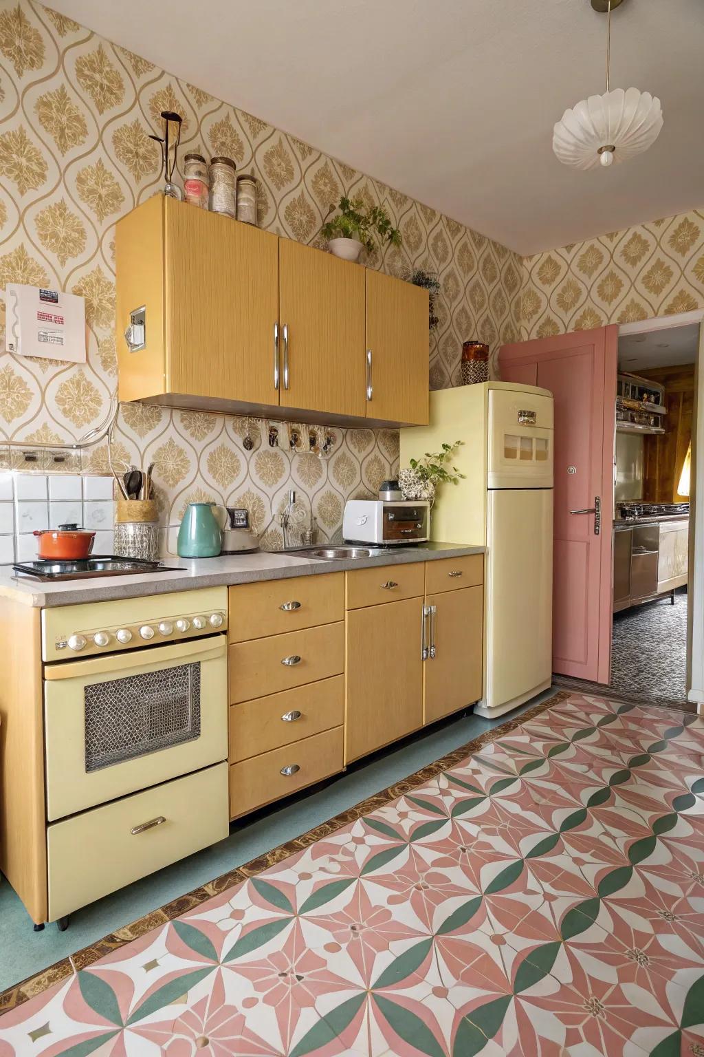 A retro-style culinary space with lightwood units, bringing back nostalgic charm.