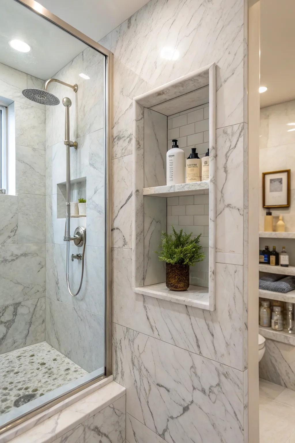 A luxurious limestone-effect porcelain alcove adds elegance to the shower area.