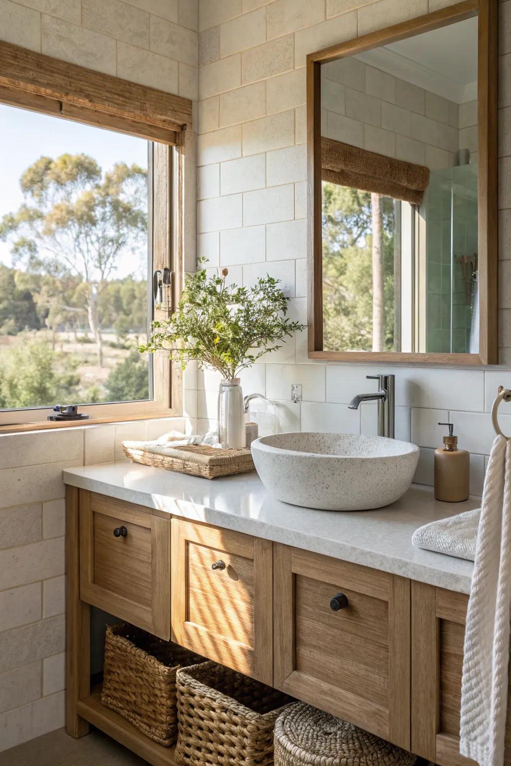 A restroom vanity design showcasing green-conscious surface treatments that are amplified through natural illumination.