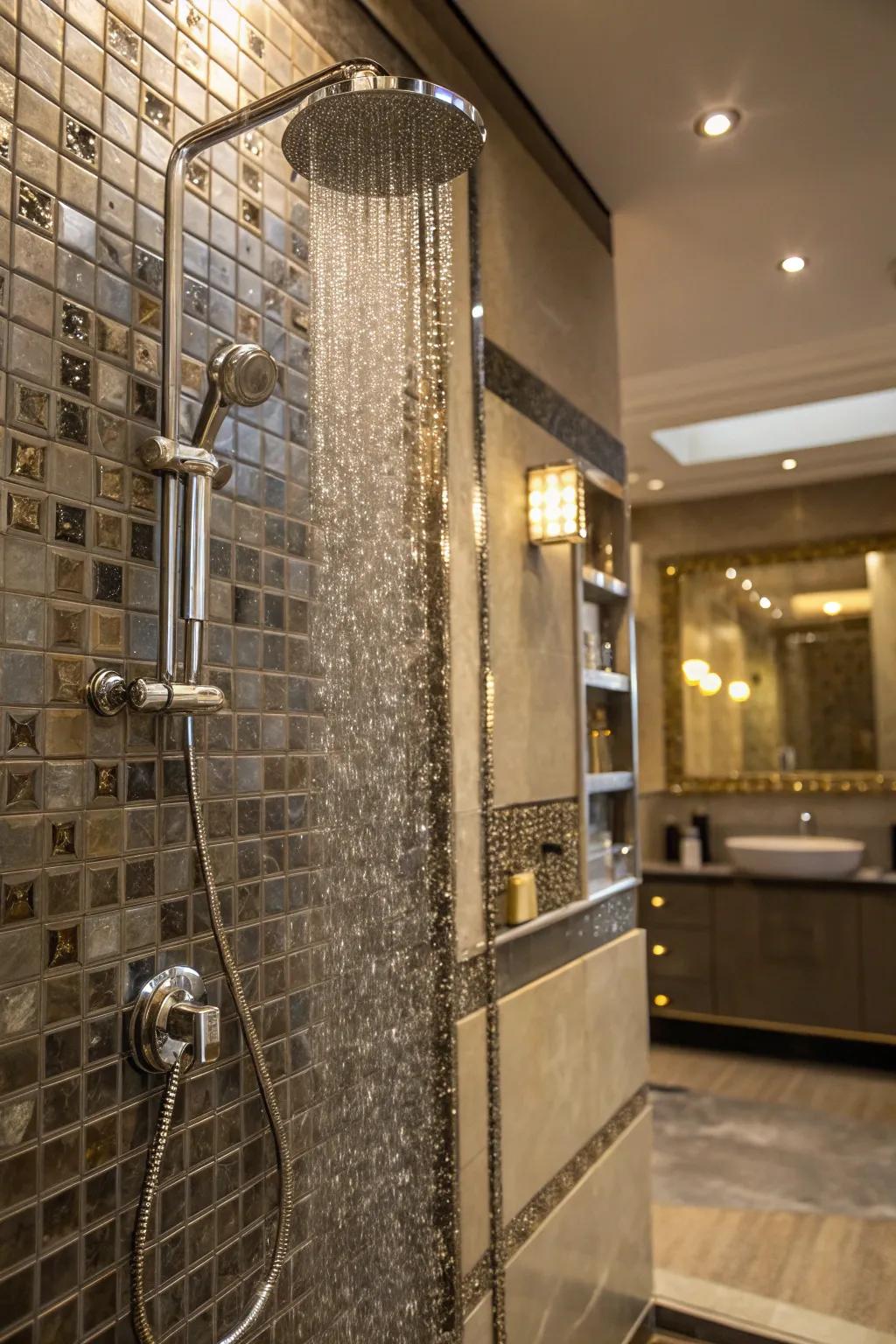 A shower stall exhibiting metallic accent pavers for appended elegance and glamour.