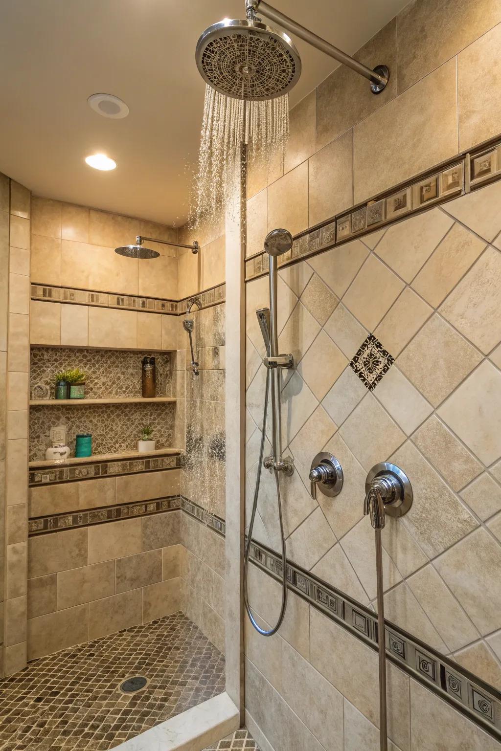 Multiple showerheads provide an extravagant and adaptable showering session.