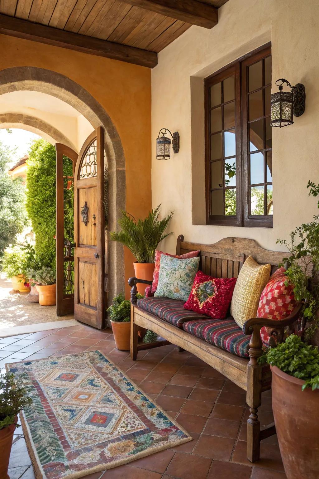 A rustic seating unit provides an inviting seating area in a Mediterranean entryway.