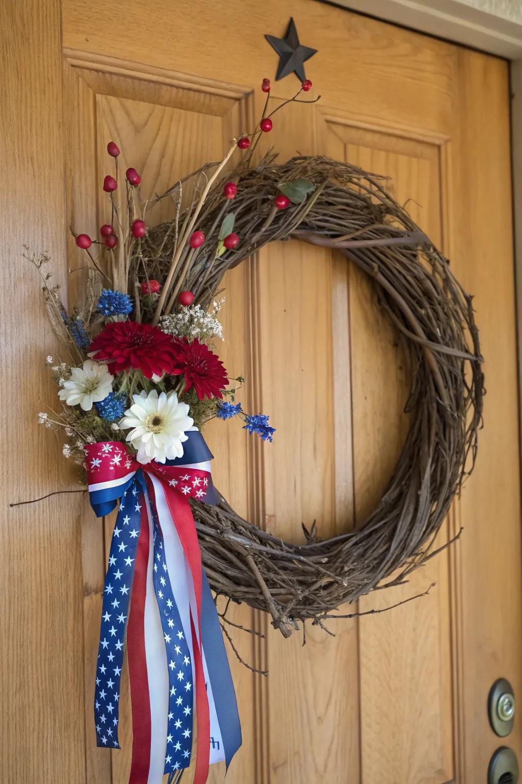 An organic wreath incorporating natural components and patriotic colors.