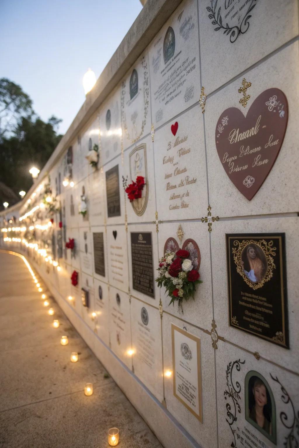 Wall appliqués conveying affection and memories on a memorial display.