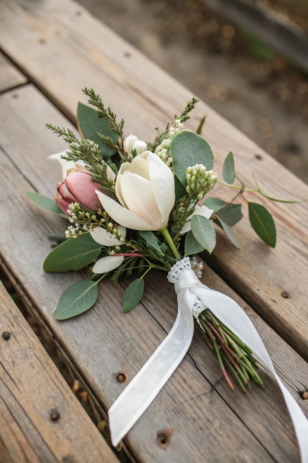 Magnolia boutonnieres introduce southern elegance.