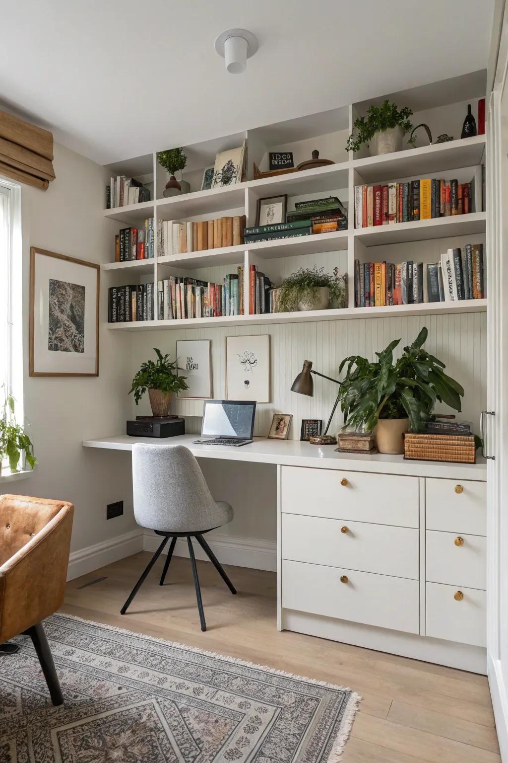 Exposed shelving delivers both storage capabilities and an opportunity to highlight personal touches.