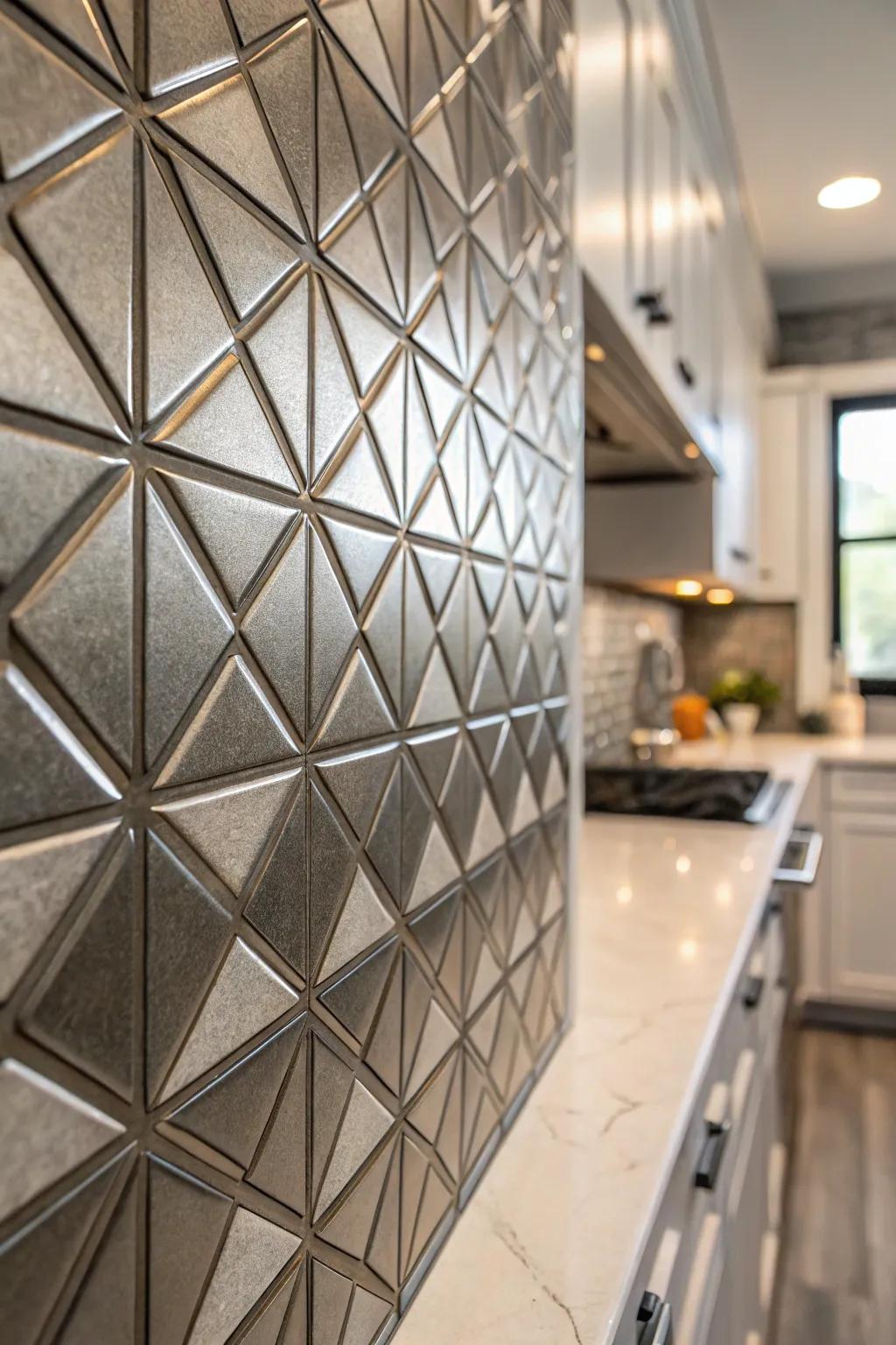 A kitchen wall fitted with a singular angular design metal tile backsplash.