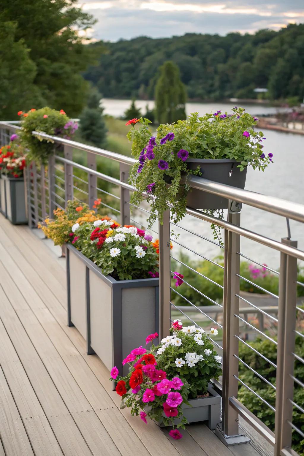 Integrated planters infuse metal railings with life and color.