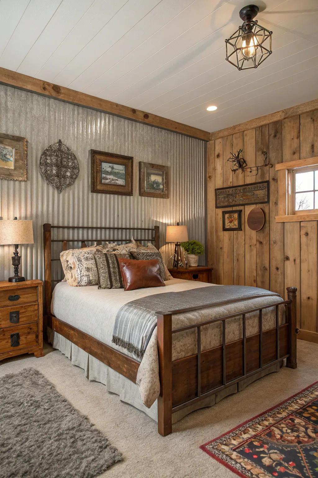 Fashion a toasty and countryside bedroom via metallic paneling.