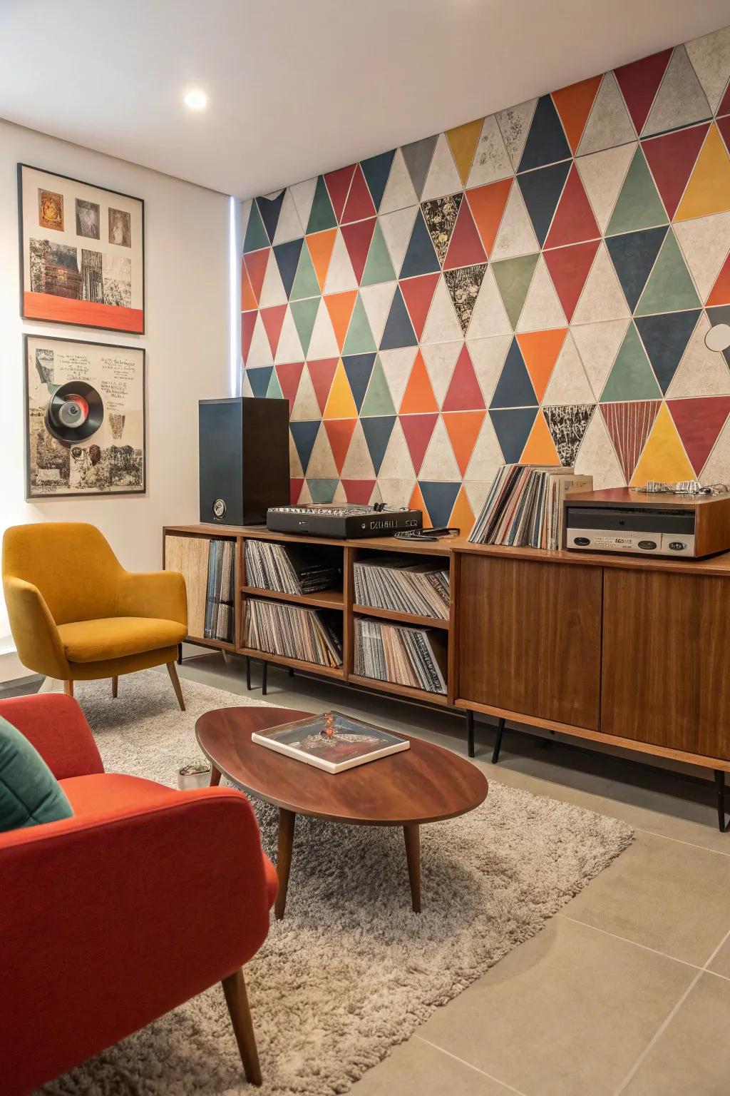 A displayed vinyl collection contributes a retro and personal touch to this mid-century modern living space.