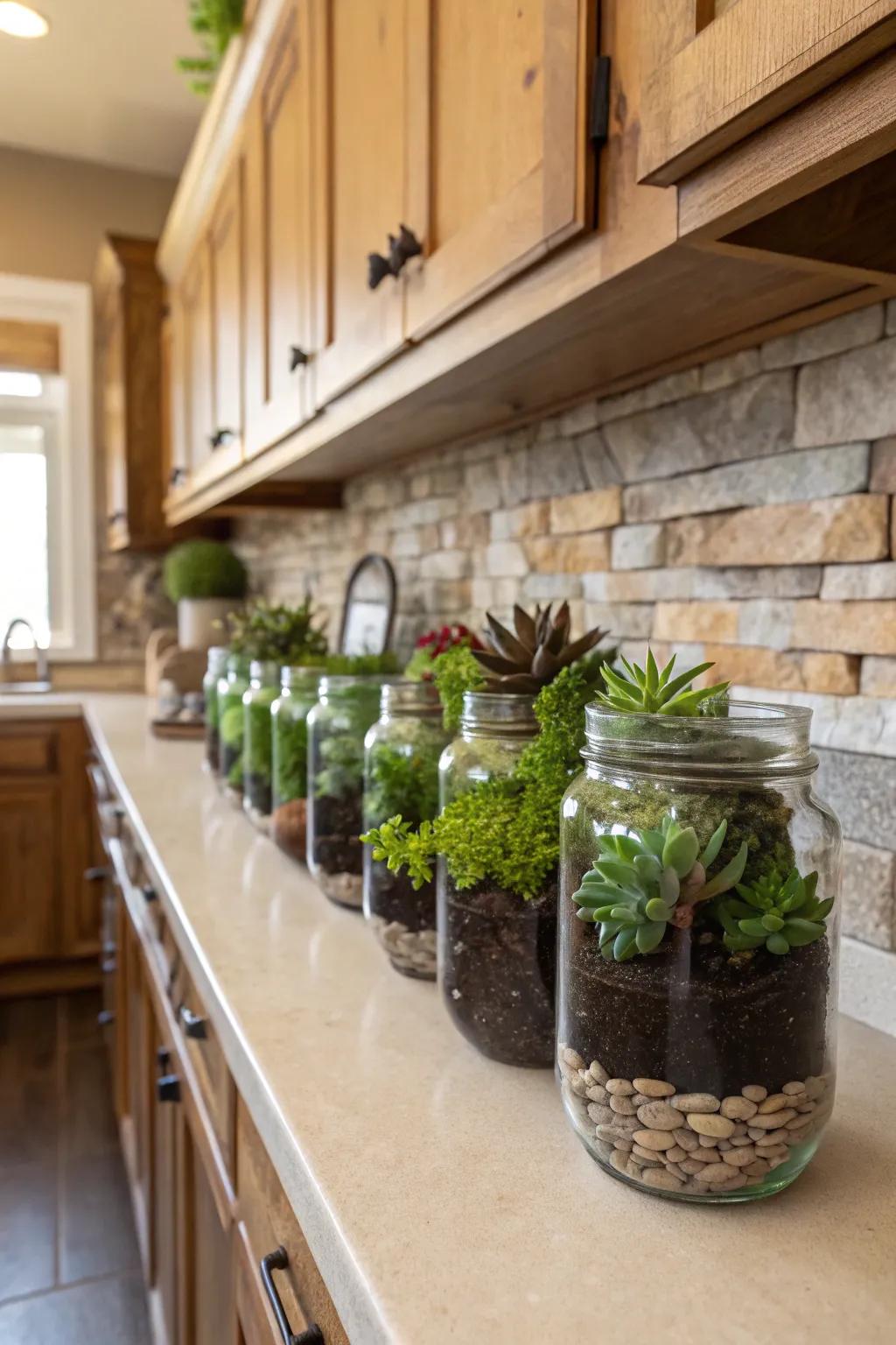 Preserving jars overflowing with succulent flora contribute agrarian allure.