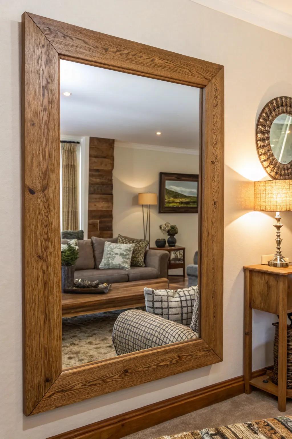Wood-framed mirrors enhance warmth and coziness.