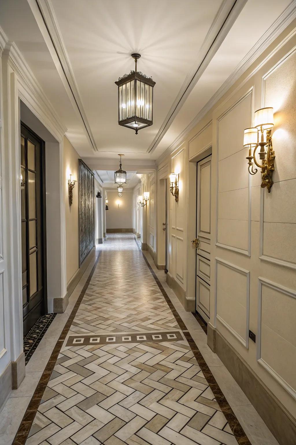 Herringbone designs impart dynamic movement to a passageway.