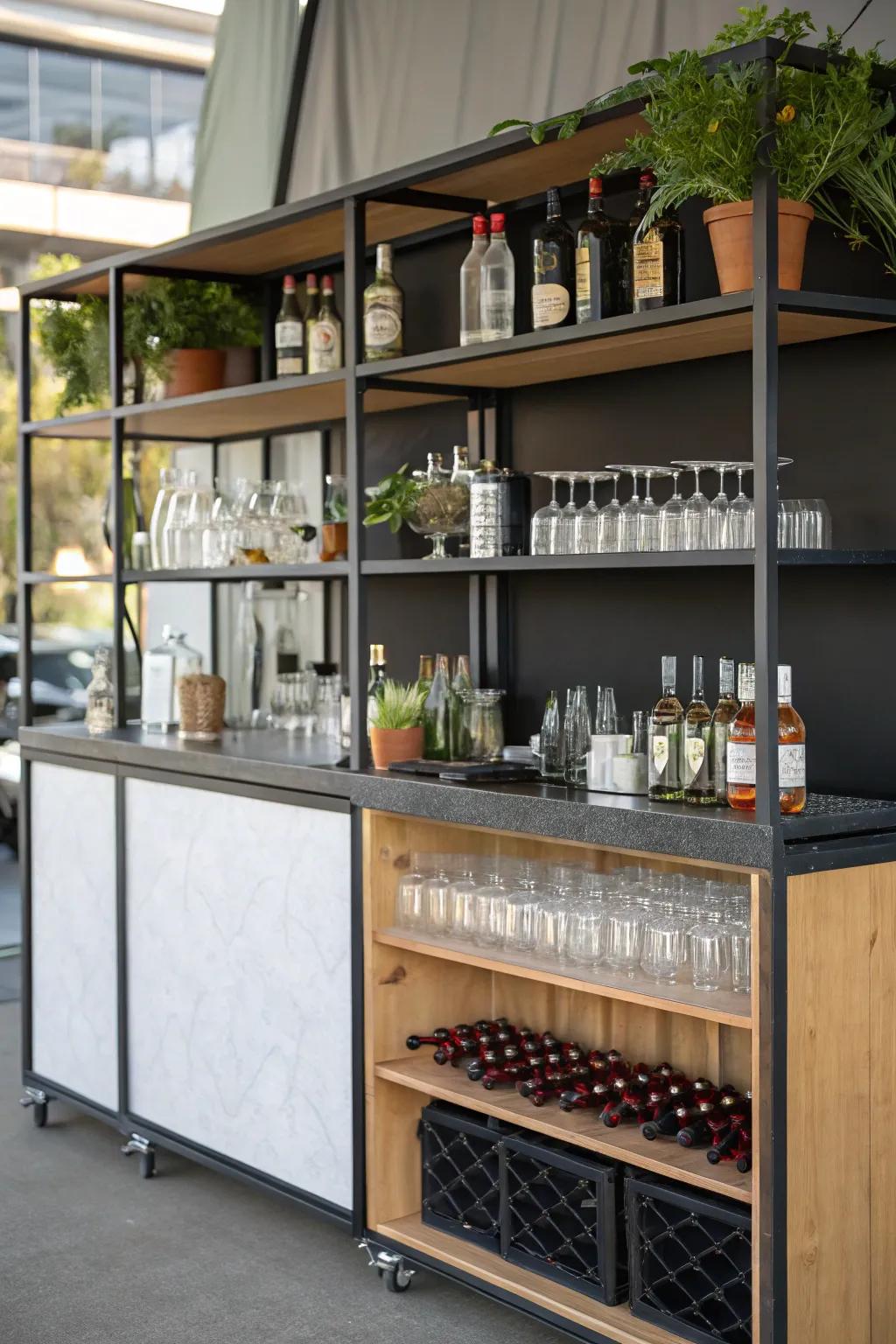 Vertical shelves enhance storage and style in this rolling bar.