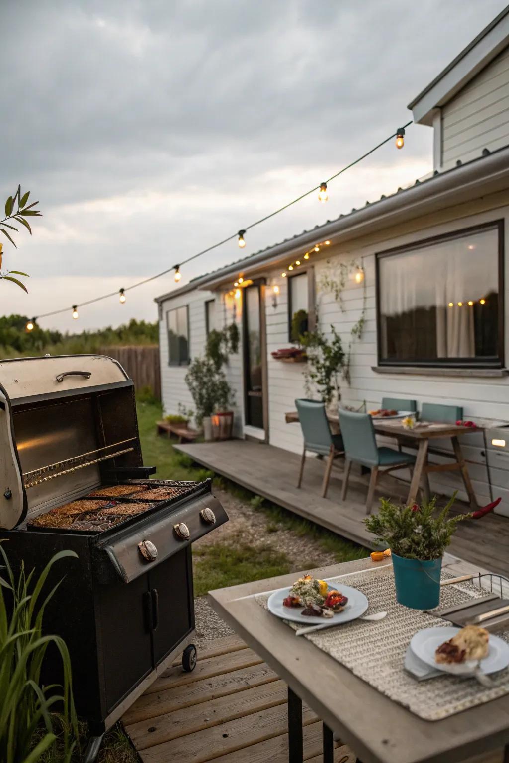 An alfresco culinary space featuring a grill, in addition to dining space, enhancing open-air cooking, in addition to dining adventures.