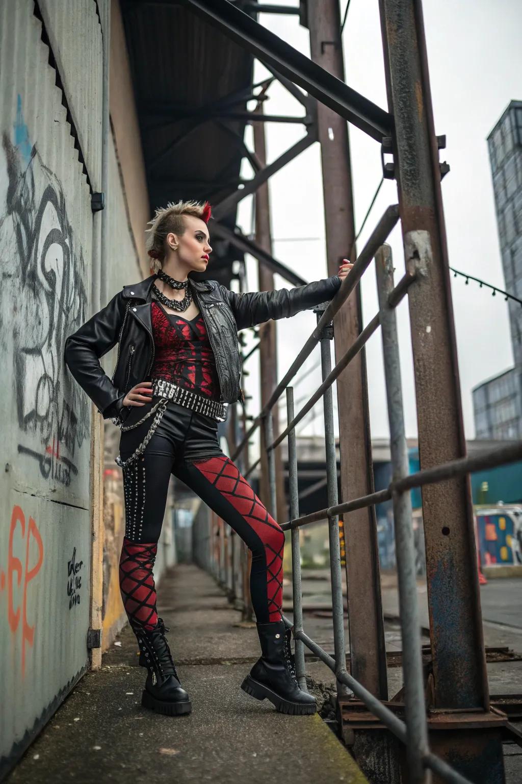 An edgy riot rock aesthetic with rebellious flair.