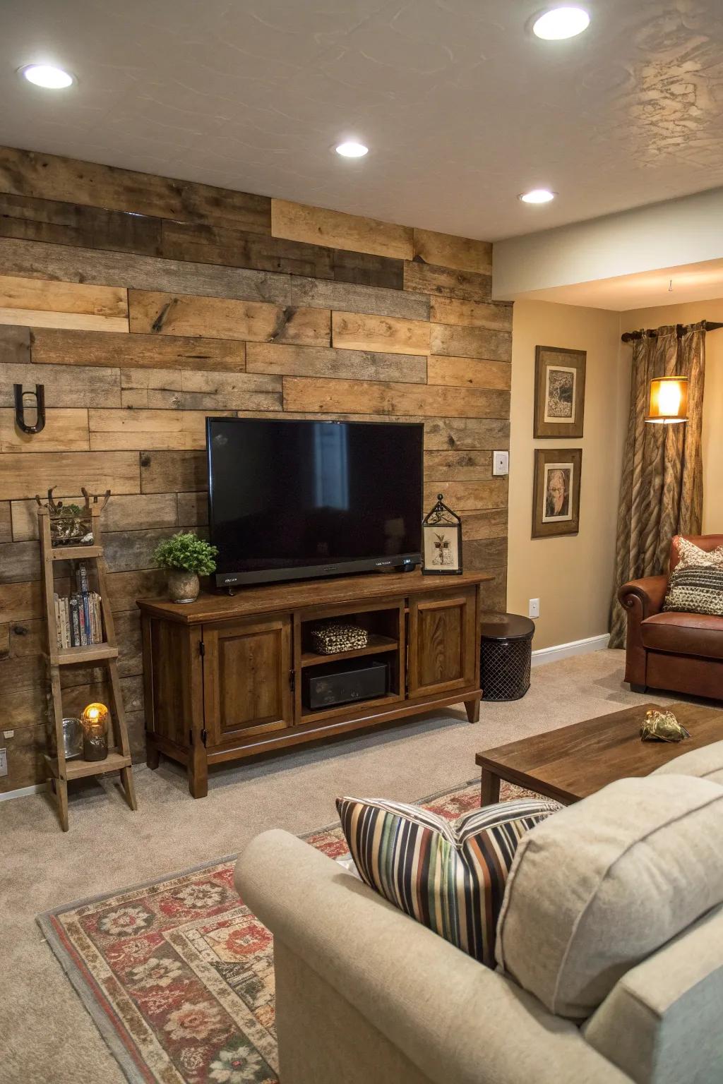 Reclaimed wood contributes warmth and character to the TV wall.