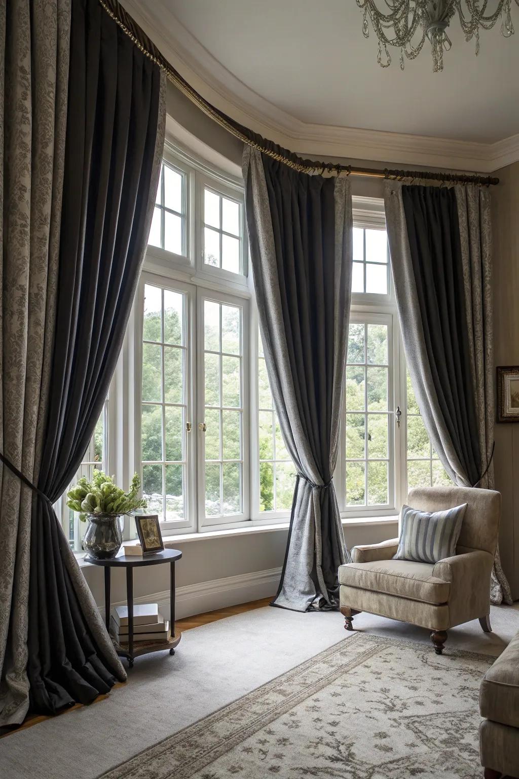 Black and grey curtains provide excellent elegance and superb light control.