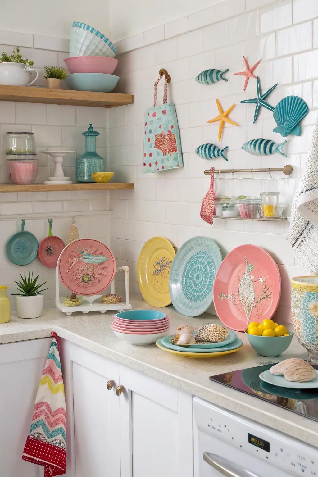 Colorful decorative pieces add a spirited touch to this coastal kitchen.