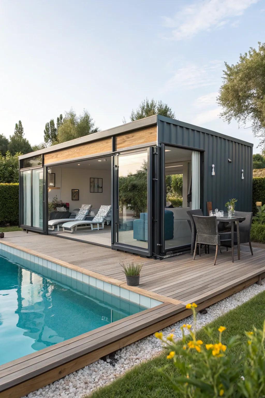 A modern modular pool abode enhancing outdoor dwelling.
