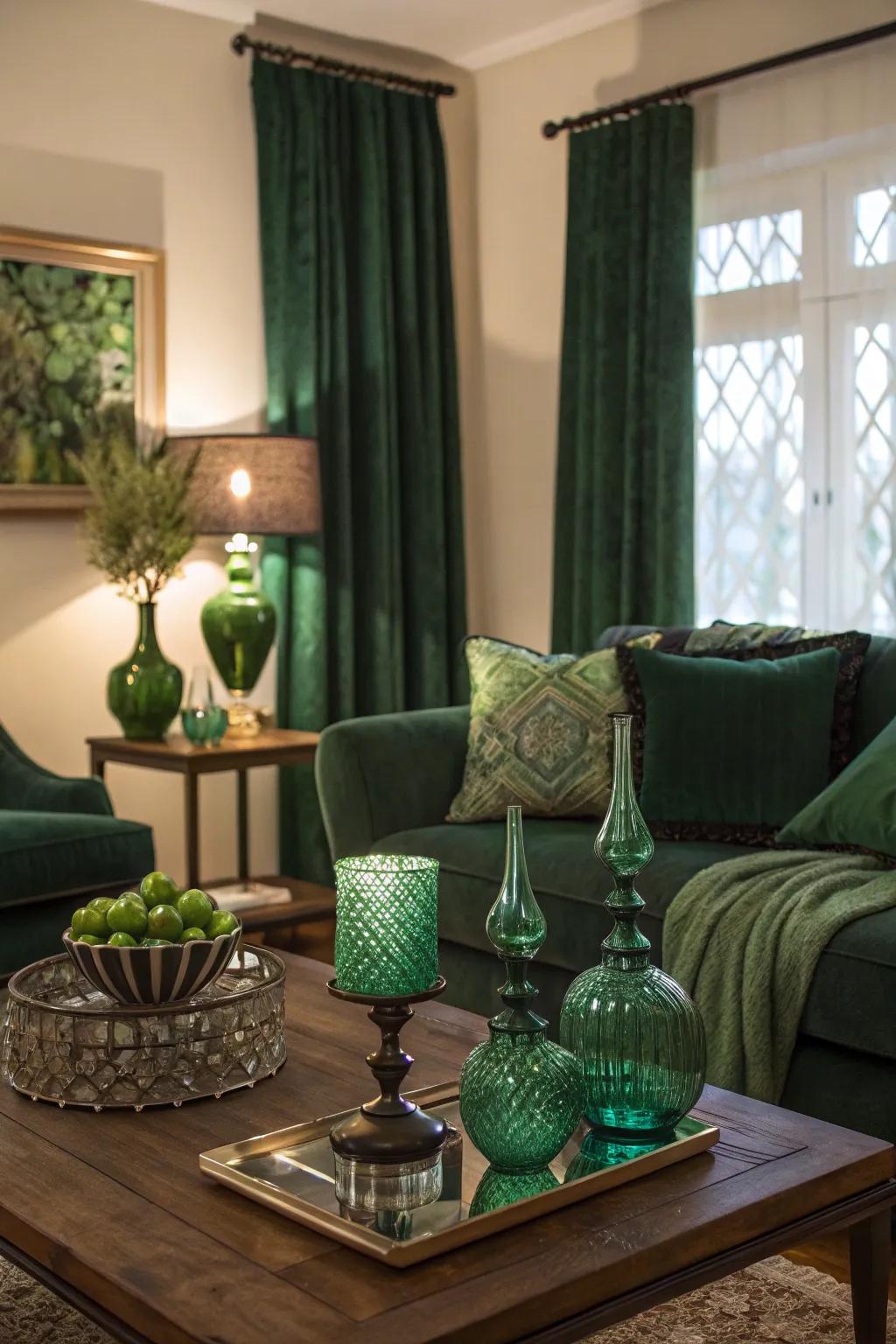 Green-tinted glass decor adds a modern twist to your living room.