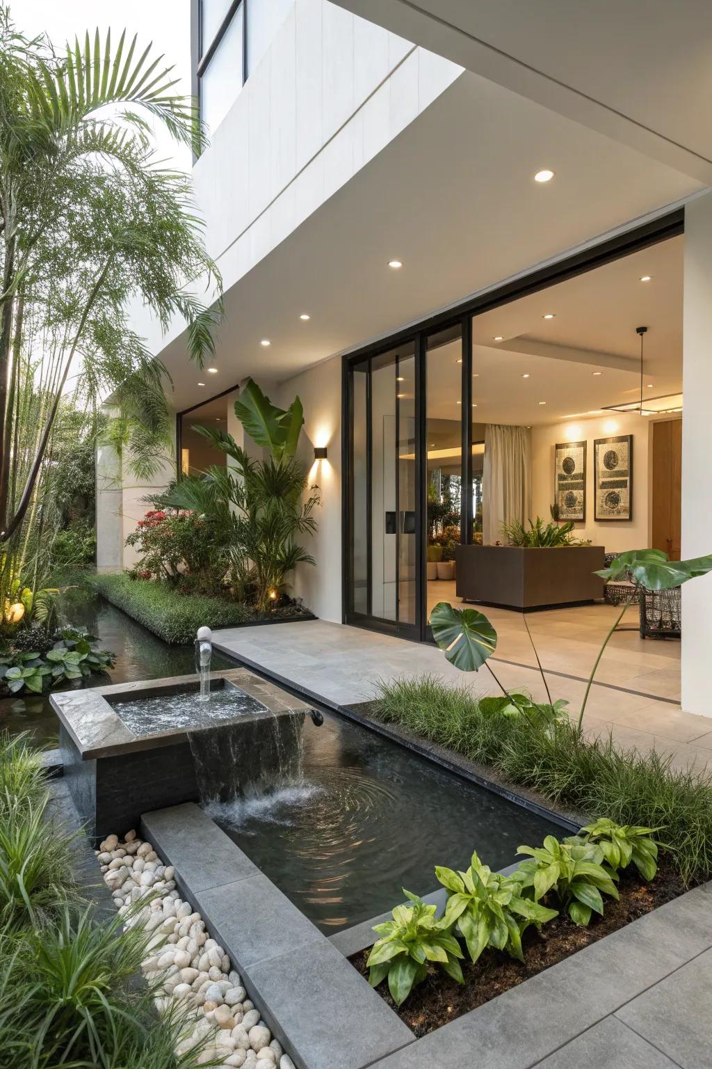 Liquid elements enrich the sensory ambiance at the entryway.