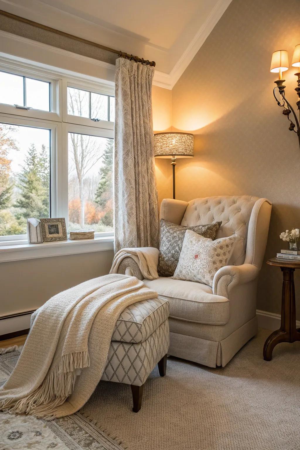 A reading space offers a personal retreat and enhances the room's charm.