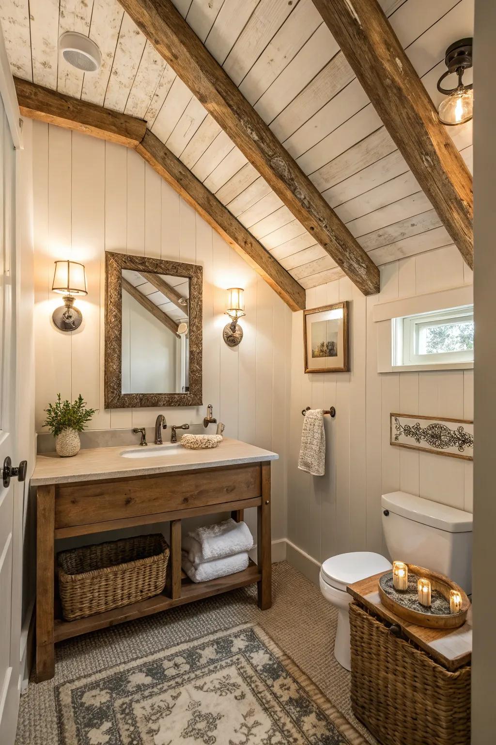 A shiplap ceiling showcases rustic beams in a powder room.