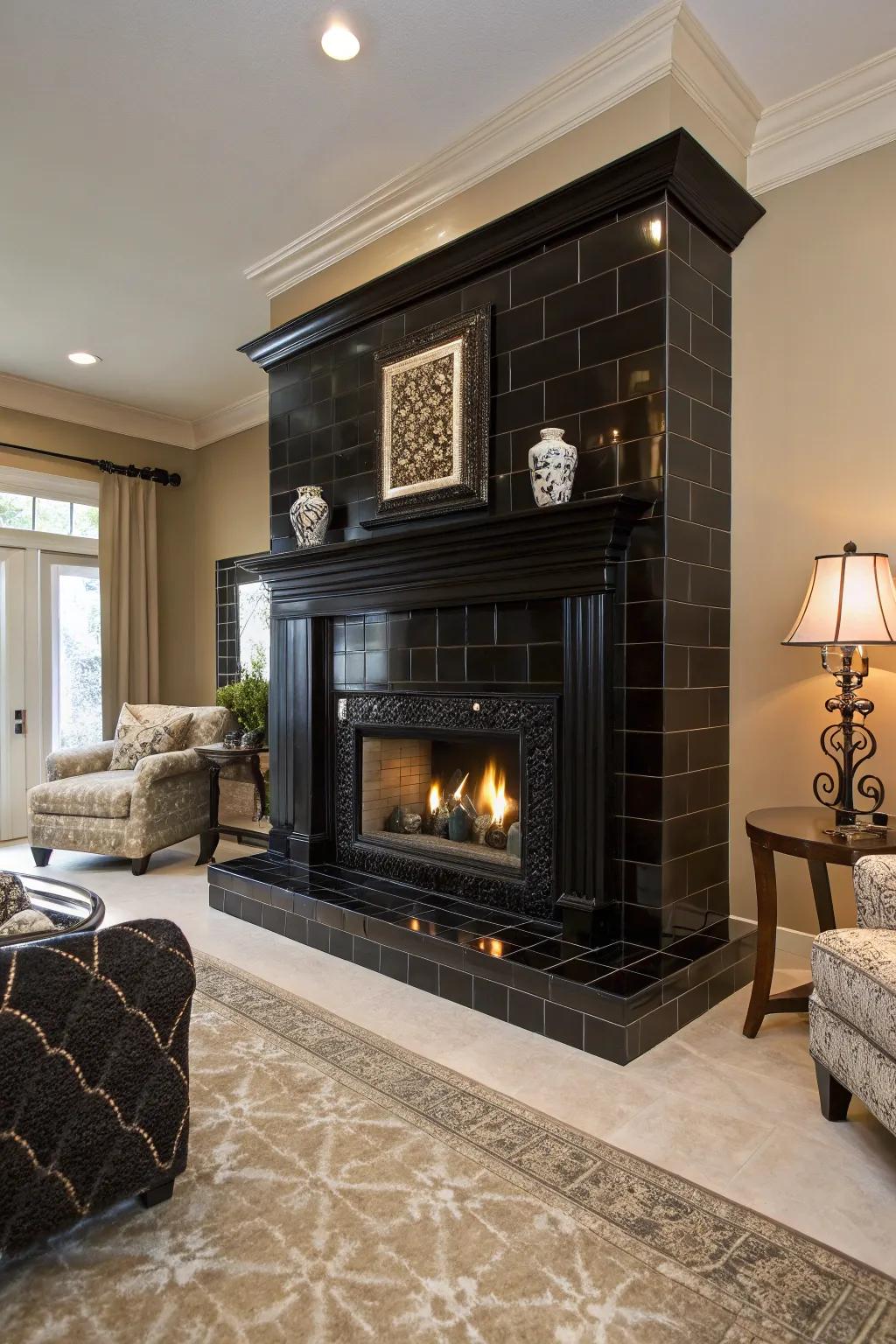 Dramatic dark stone fireplace as a focal point.