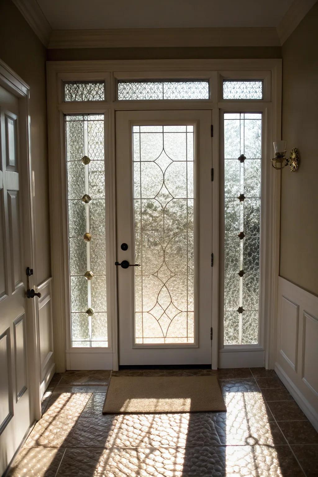 Textured glass sustains privacy without forfeiting illumination.