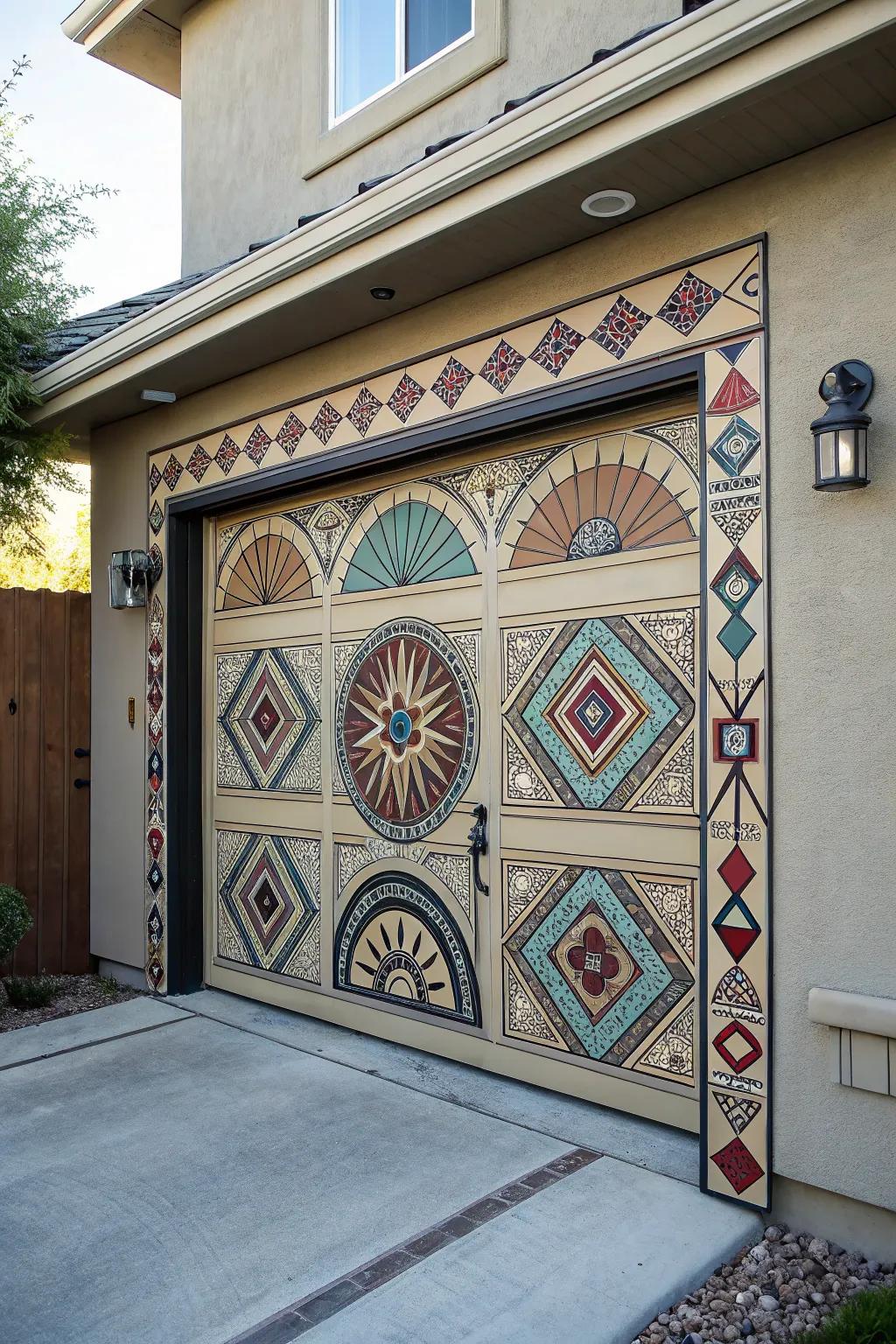 Geometric patterns establish visual interest on garage doors.