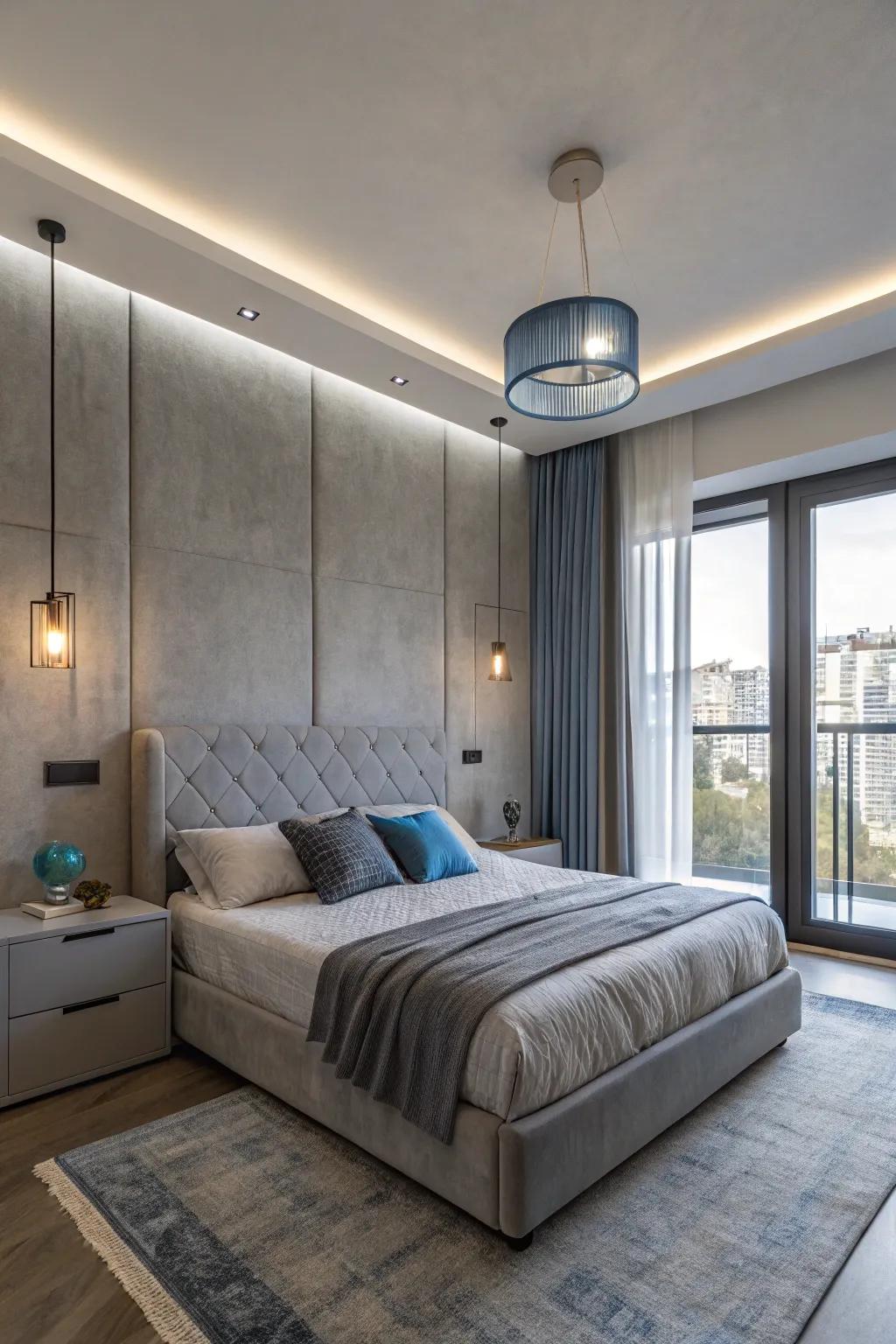 Modern lighting in grey or azure accentuates your bedroom's aesthetic.