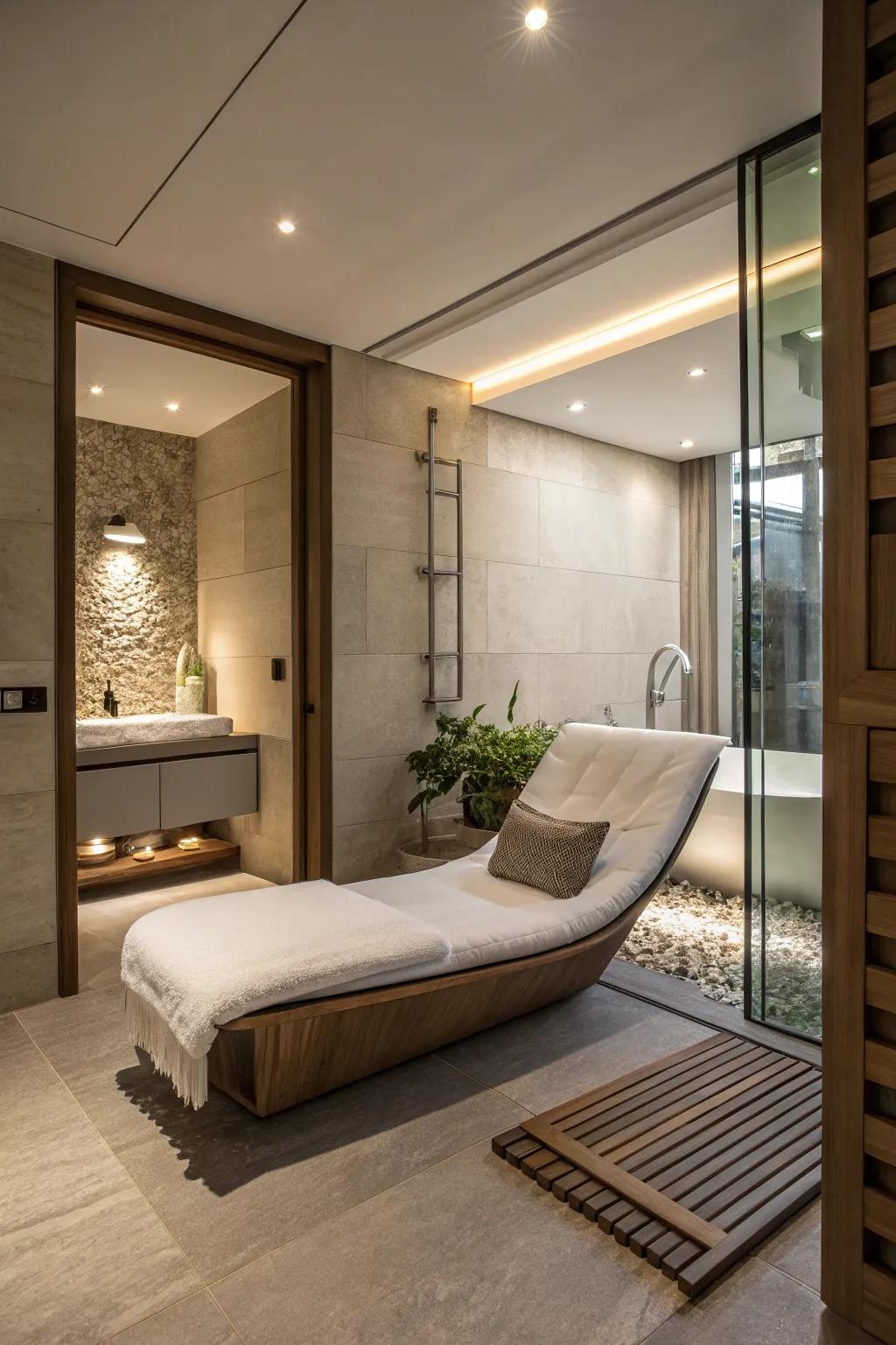 A rejuvenation alcove furnishes a serene retreat within this bathroom.