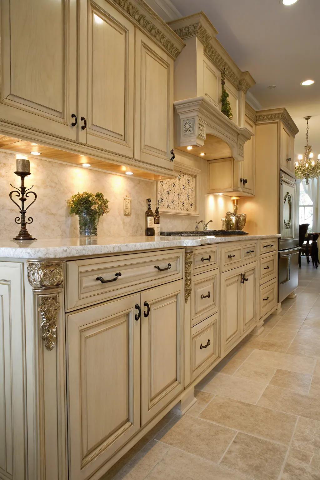 Understated ornamental elements elevate the elegance of pale maple cabinets.