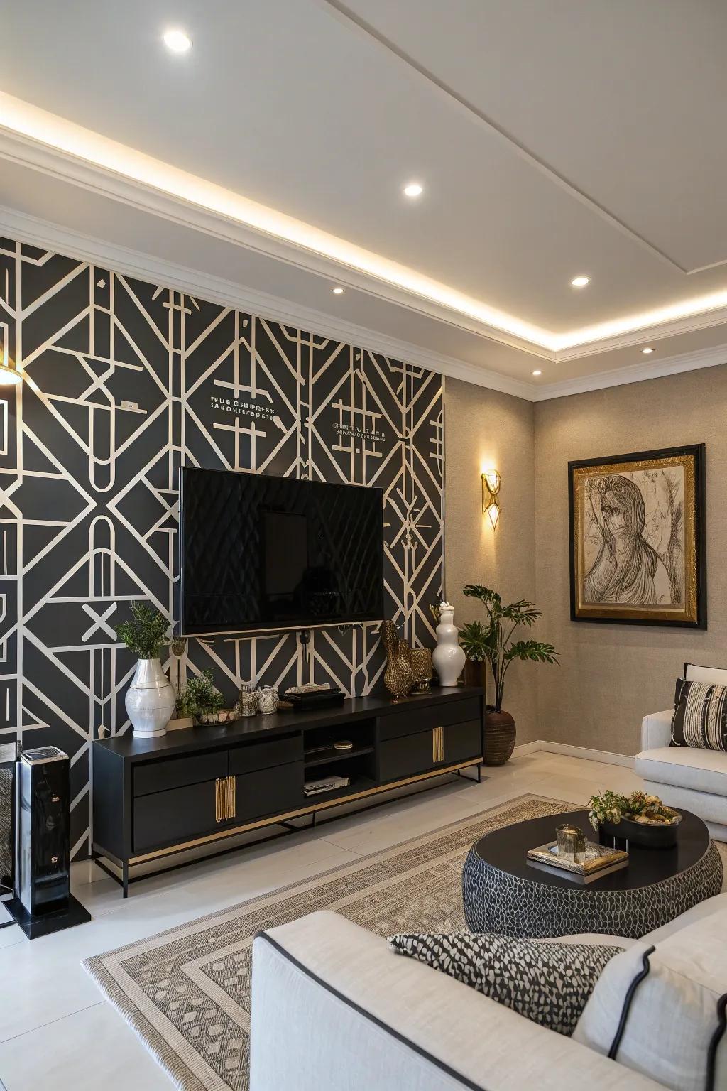 Geometric designs in black and white introduce a chic and artistic aspect into this living space.