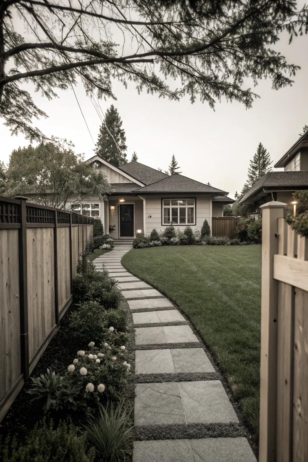 A monochrome color scheme creating a sleek visual in a modern front yard.