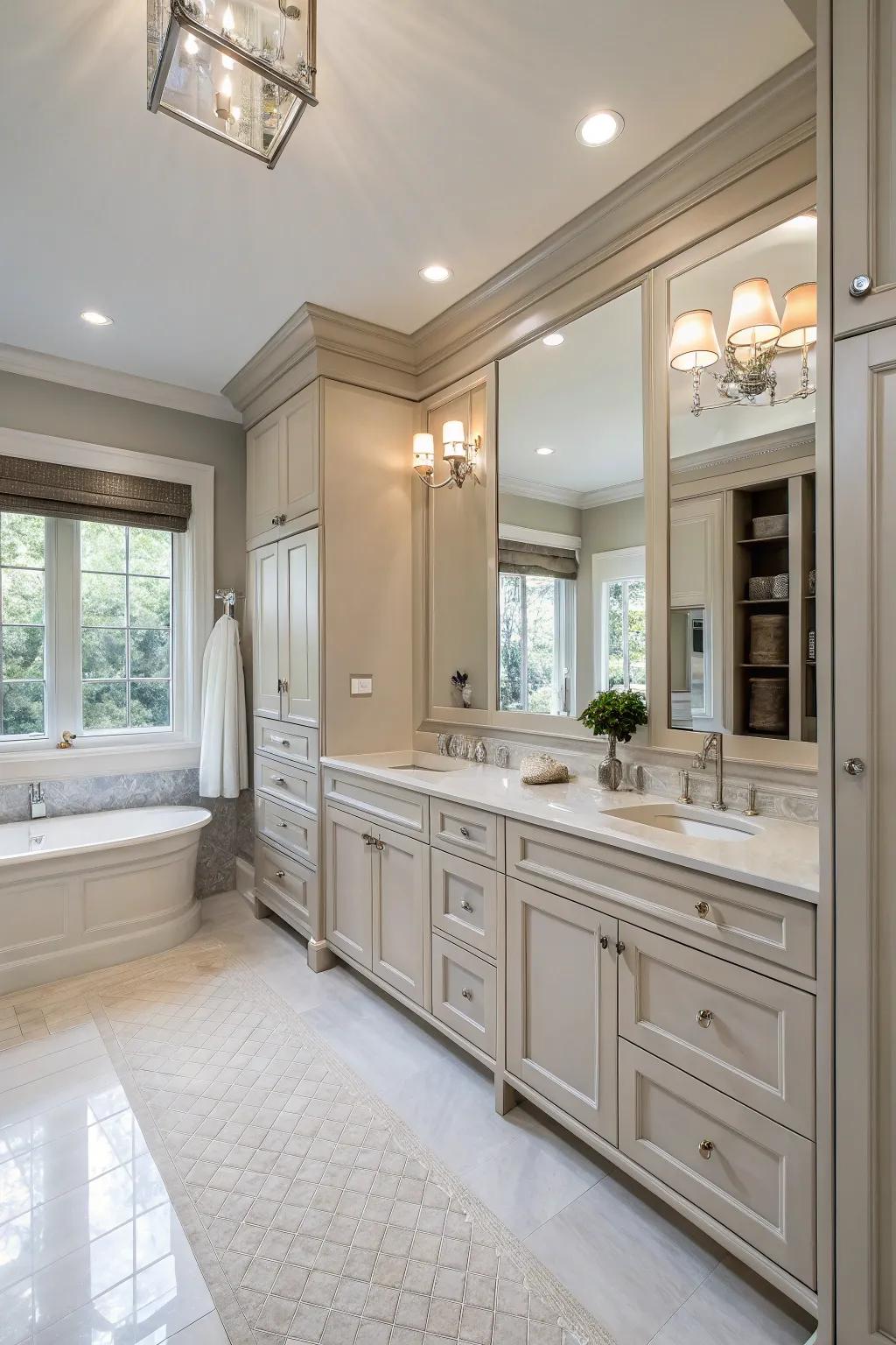 Bespoke storage options maintain an organized and stylish bathroom.