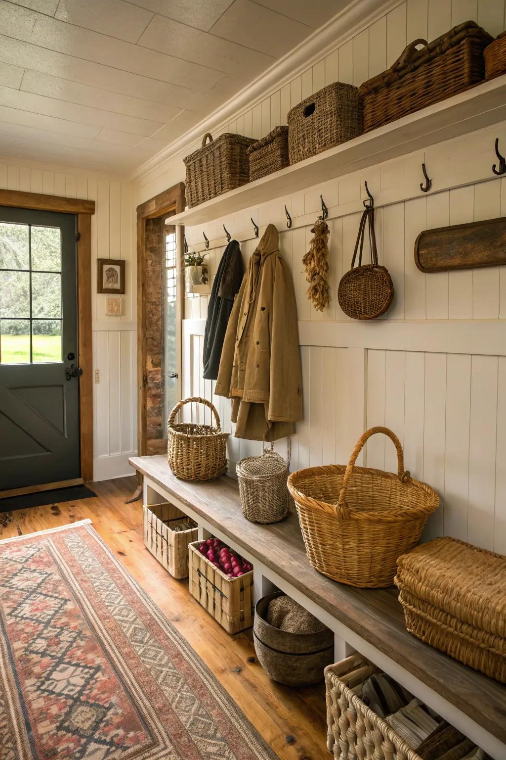 Vintage-inspired accessories enrich the distinctiveness of your mudroom.