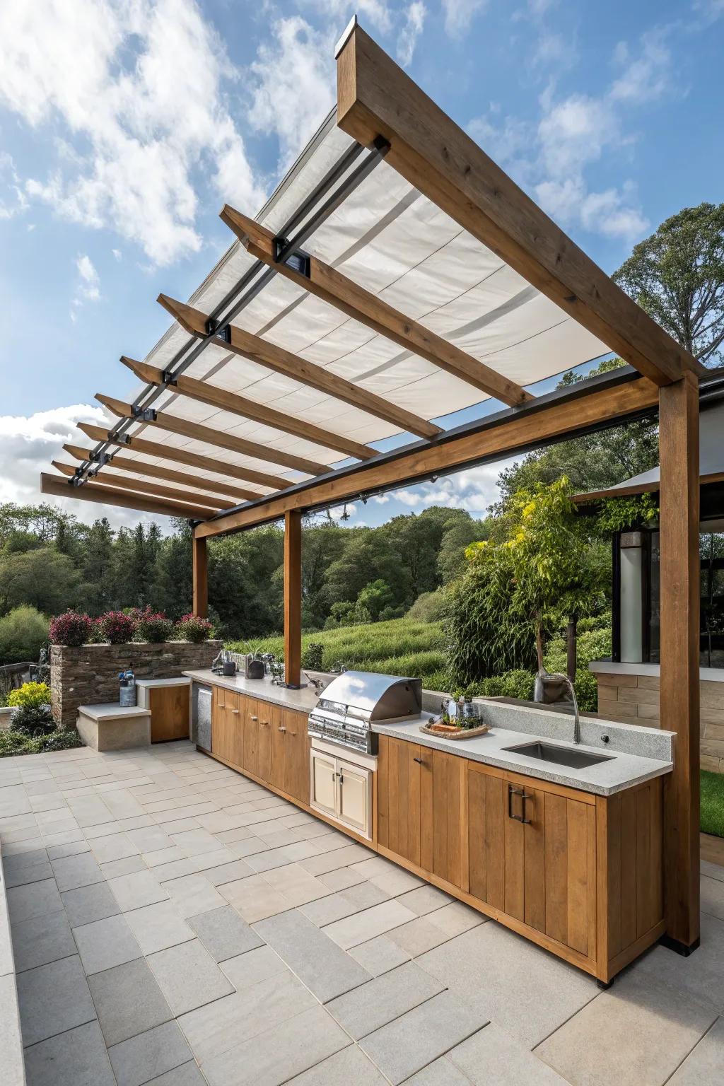 Pergola featuring a retractable rooftop for adjustable shade.
